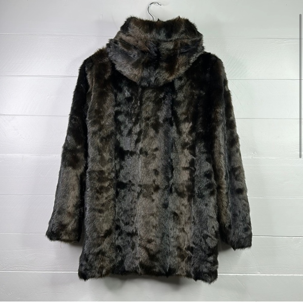 BOOHOO Black Brown Animal Faux Fur Hooded Button Up Jacket Overcoat Size 4